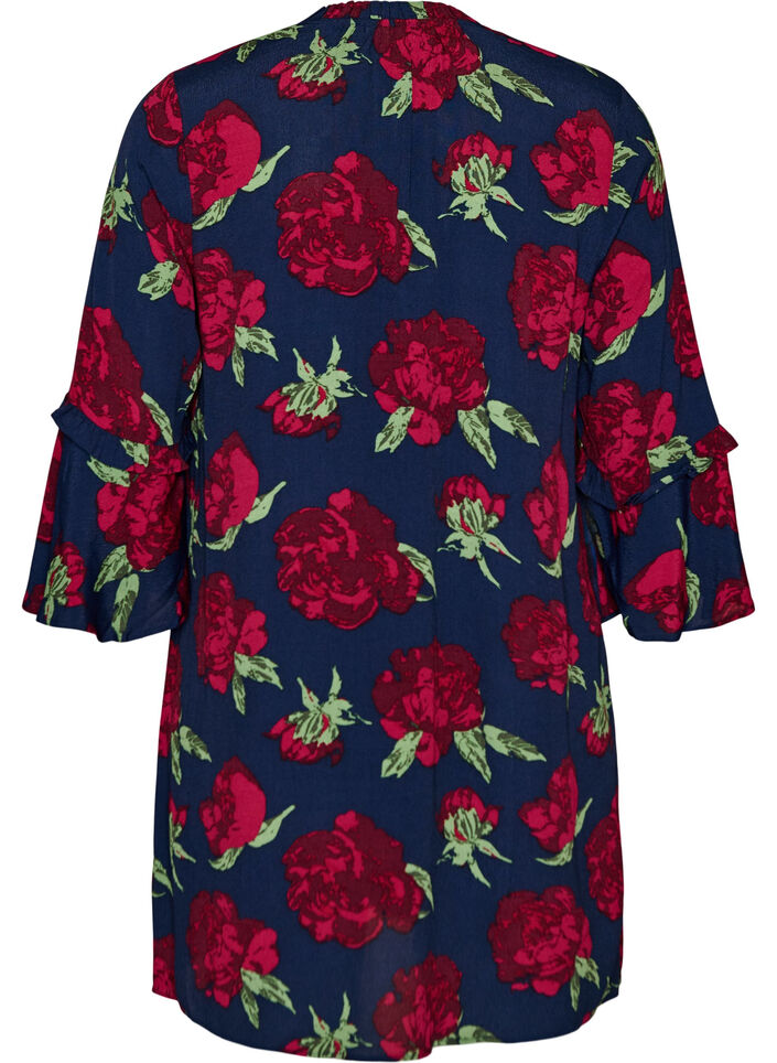 Blommig kl&auml;nning i viskos med volanger, Bl&aring;, Packshot image number 1
