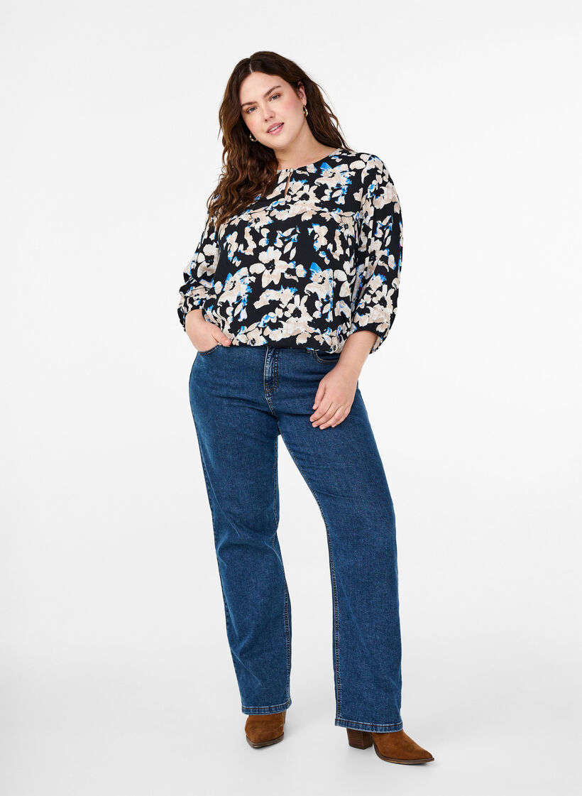 Blus i viskos med tryck och smock, Svart, Model image number 1