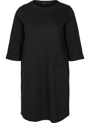 Sweatshirtklänning i bomull med 3/4-ärmar och fickor, Black, Packshot image number 0