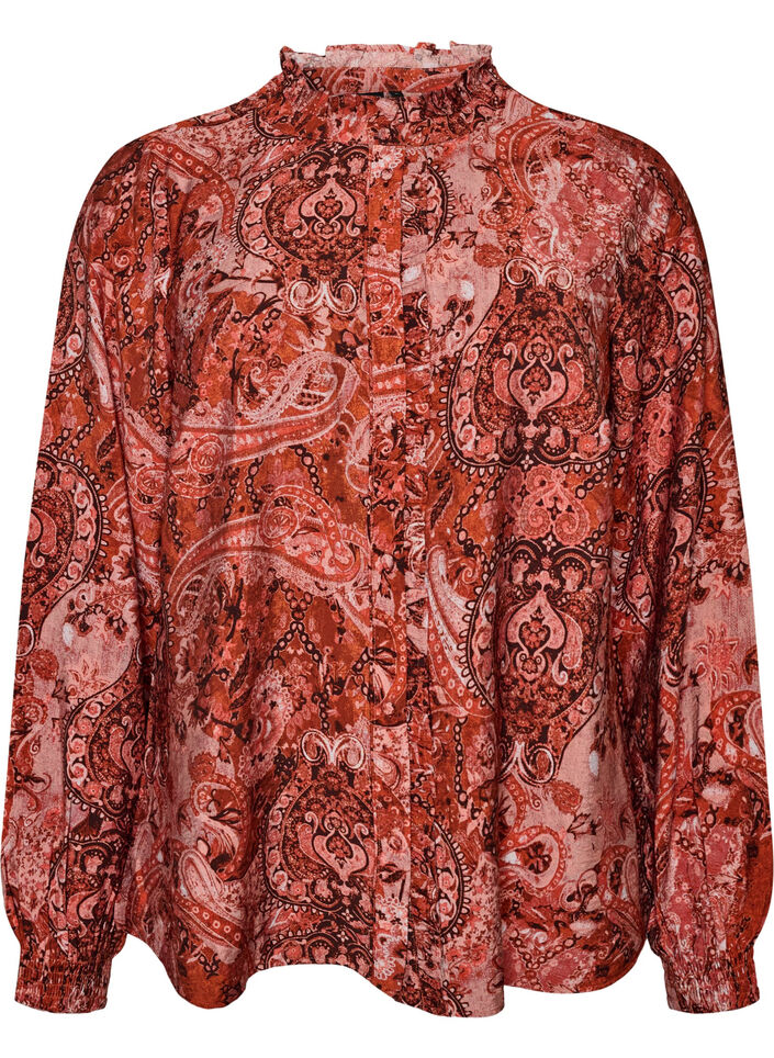 Blus i viskos med paisleym&ouml;nster och volanger, Orange, Packshot image number 0