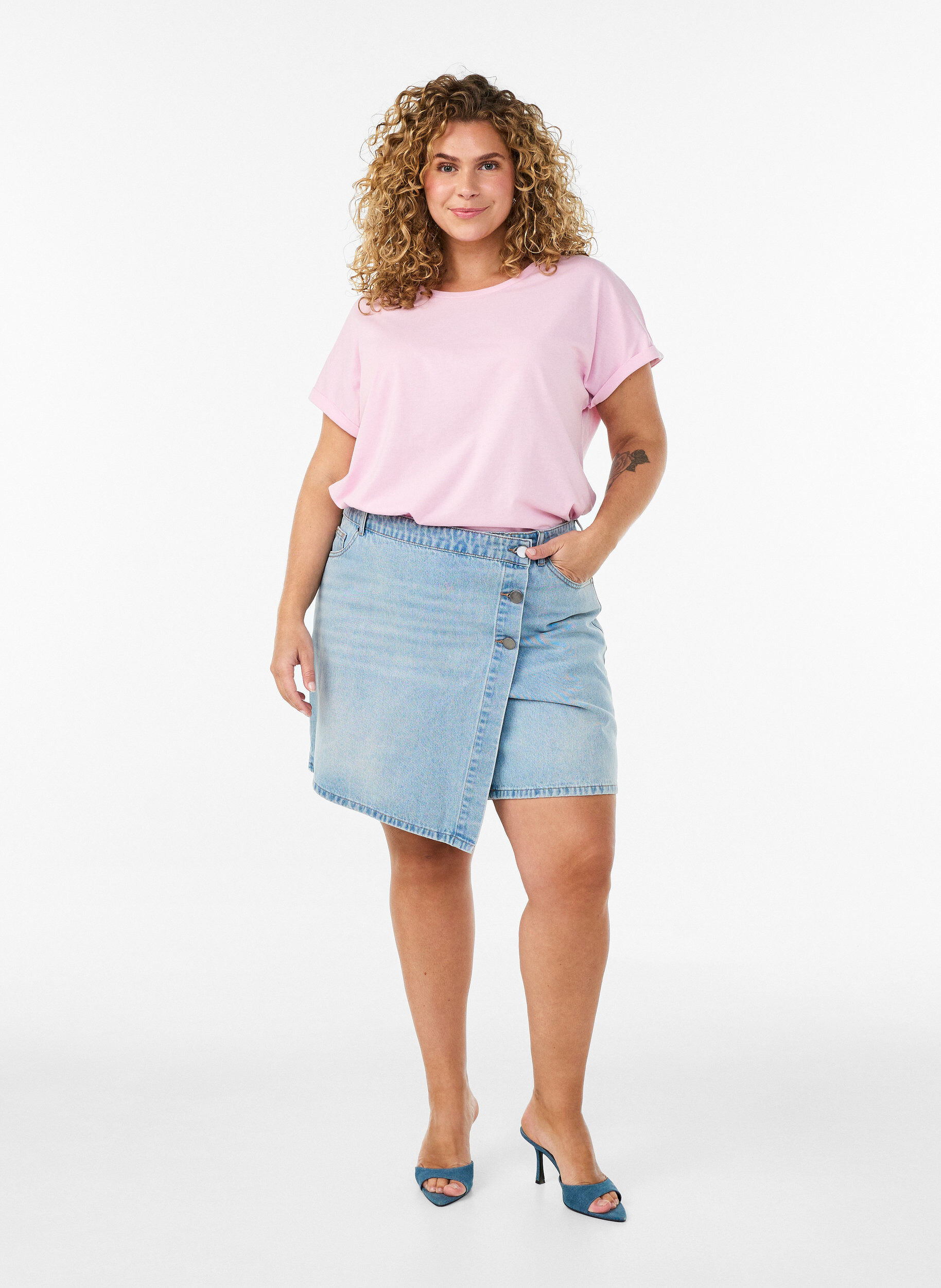 ZizziKort&auml;rmad t-shirt i bomullsmix, Rosa, Model image number 1