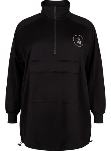 Lång sweatshirt med ficka och dragkedja, Black, Packshot image number 0