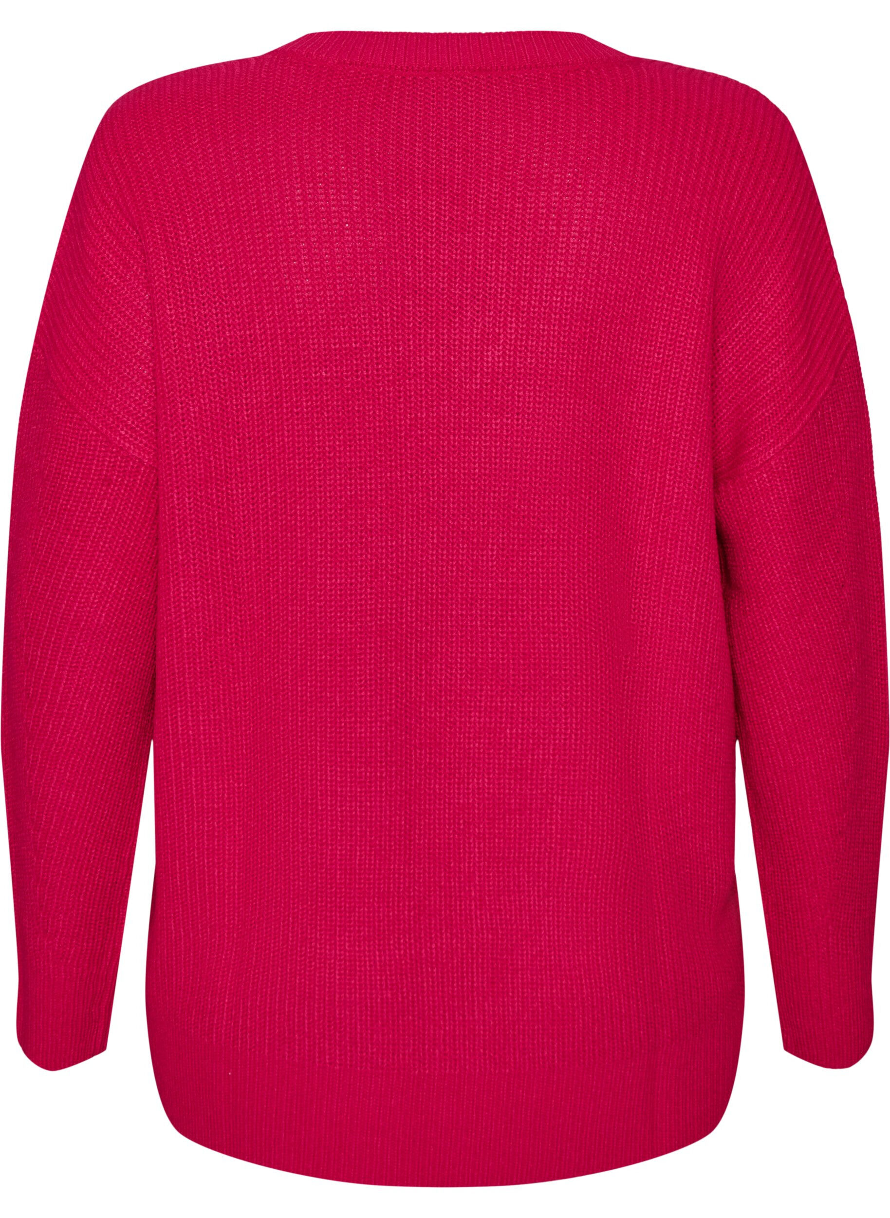 ZizziL&aring;ng ribbstickad blus med V-ringning, Rosa, Packshot image number 1
