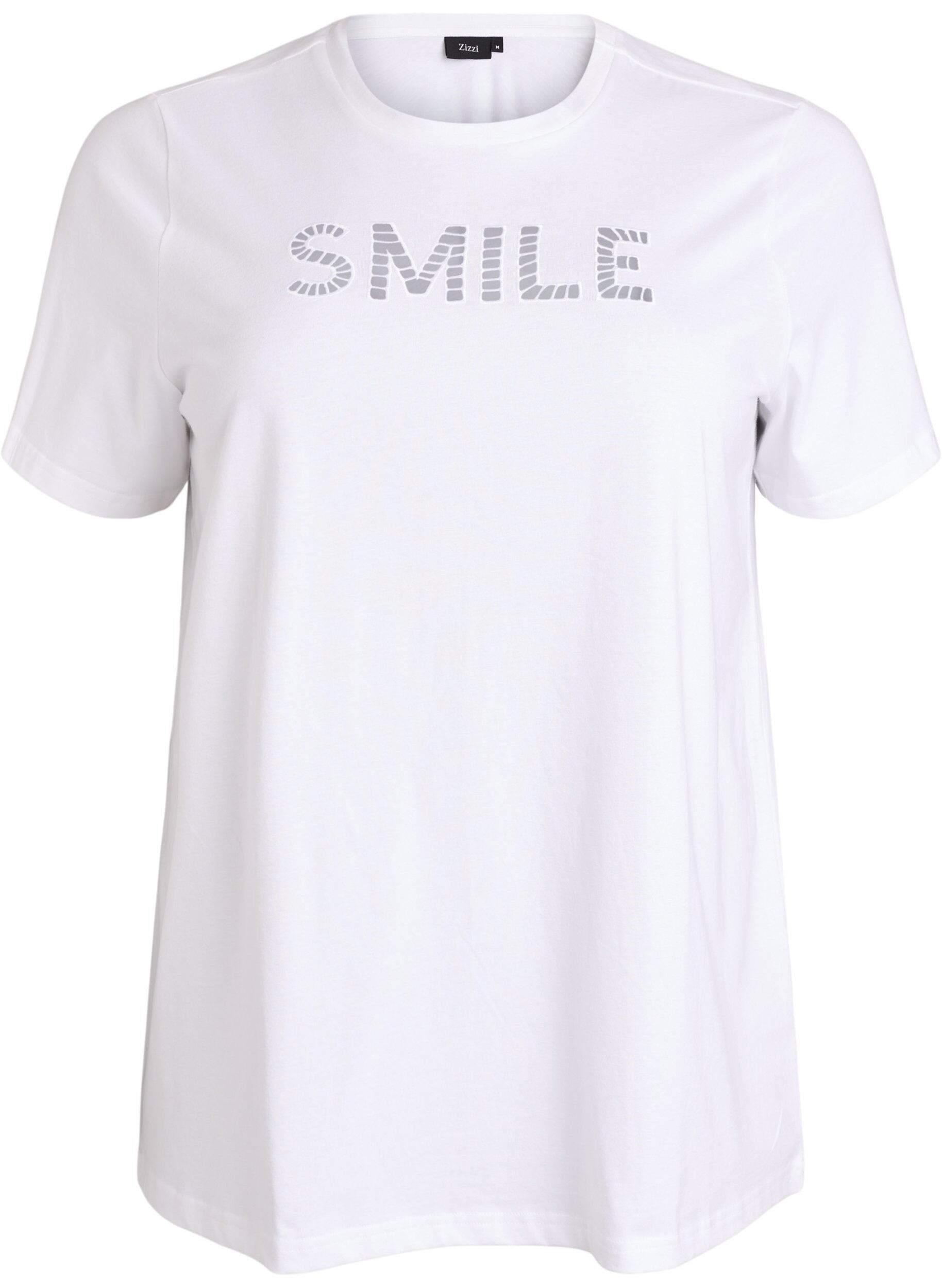 Zizzi T-shirt i bomull med broderad text, Vit, Packshot image number 0