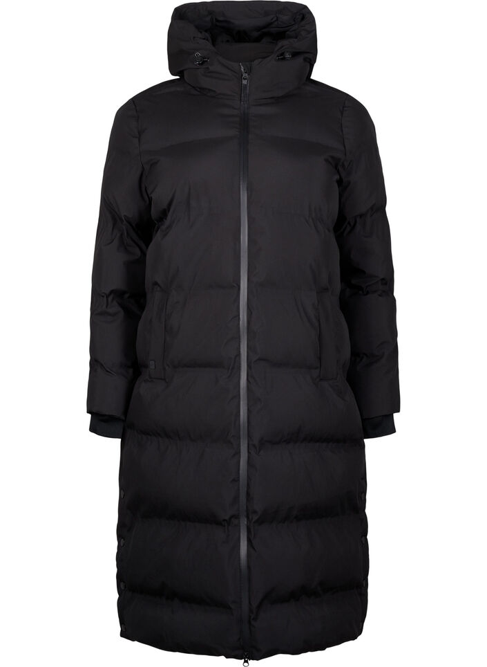 L&aring;ng puffervinterjacka med huva, Svart, Packshot image number 0