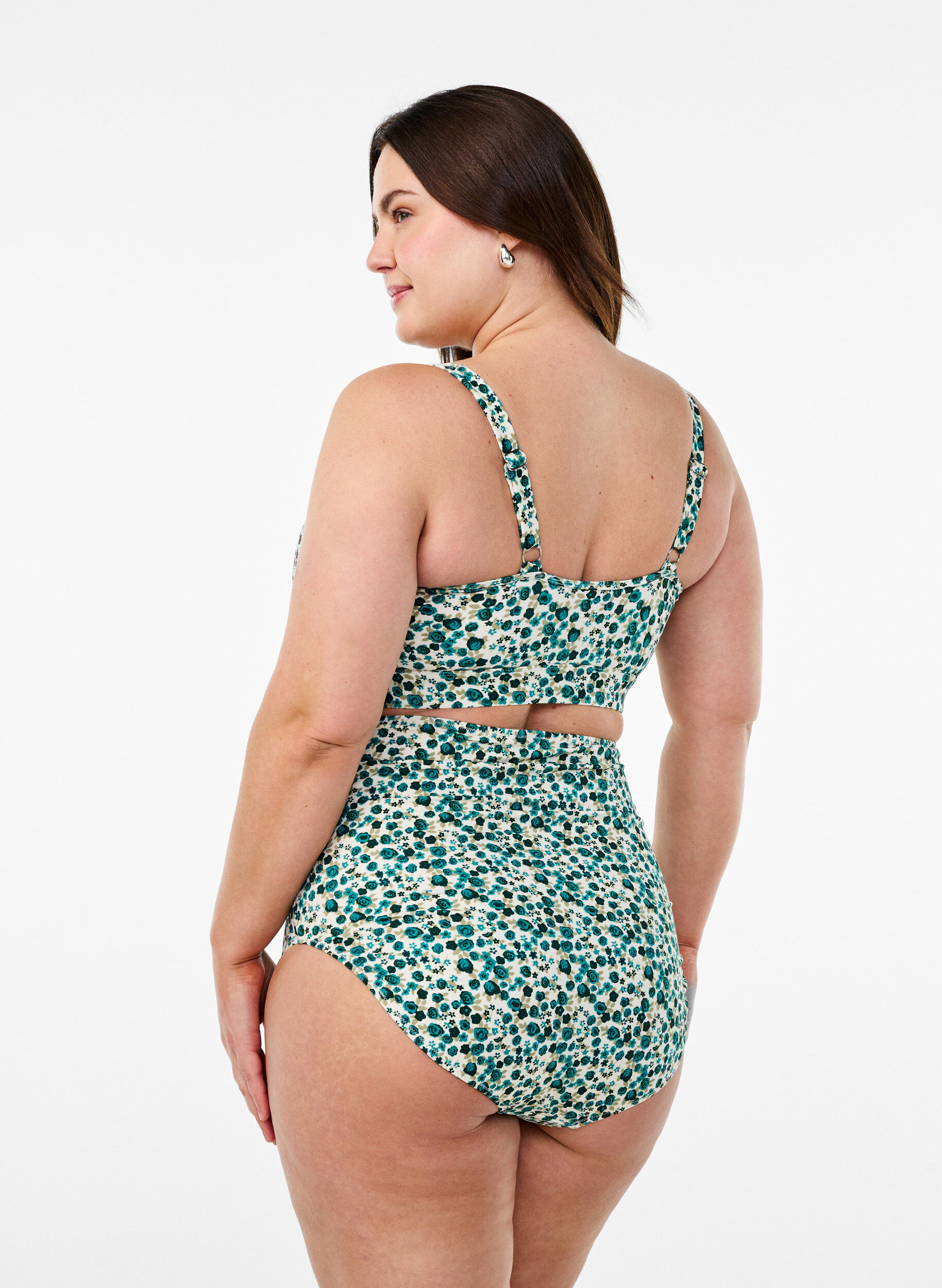 Zizzi Bikinitrosa med extra h&ouml;g midja och blomstertryck, Gr&ouml;n, Model image number 1