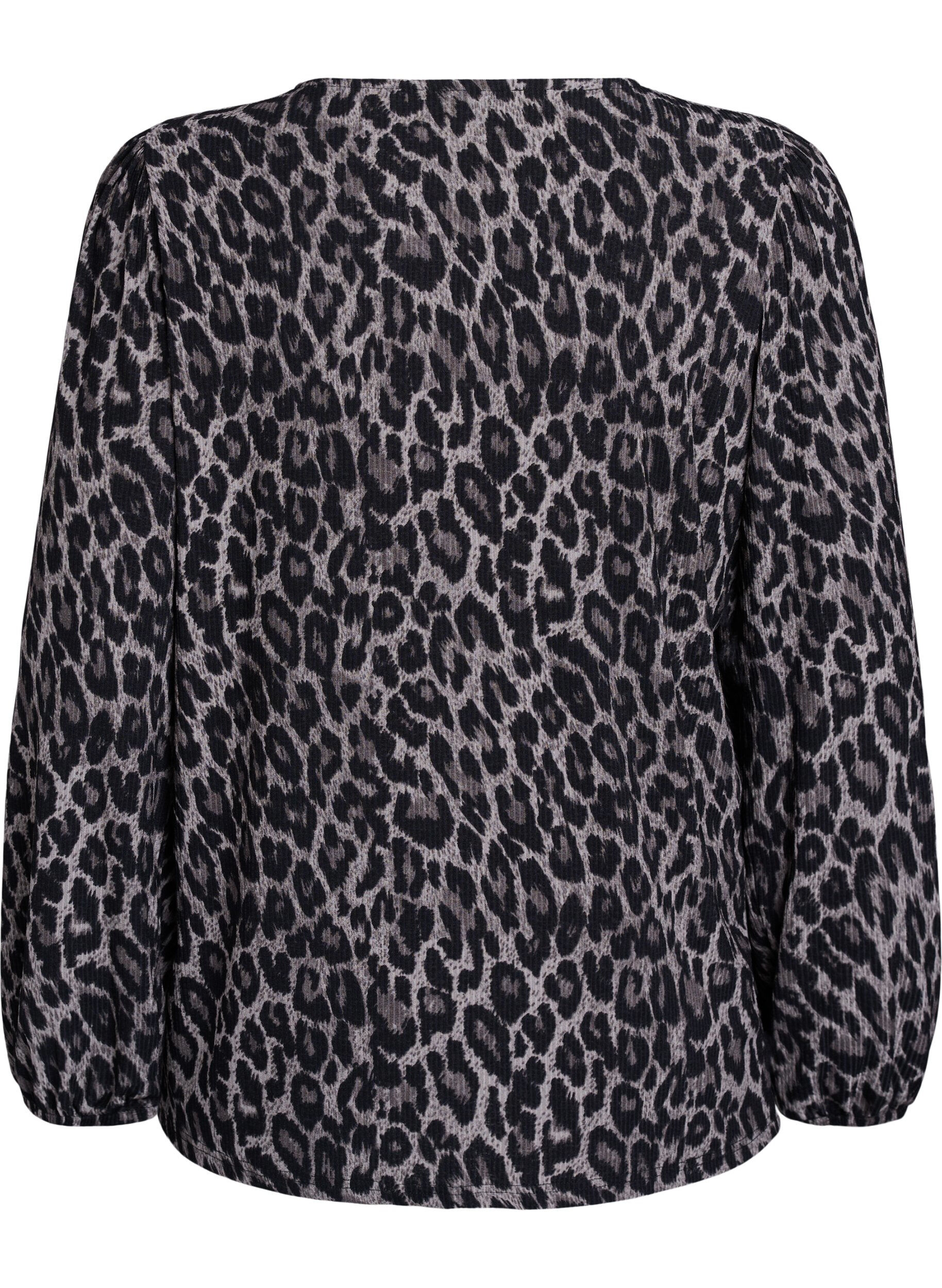 ZizziBlus med l&aring;nga &auml;rmar och leopardm&ouml;nster, Gr&aring;, Packshot image number 1