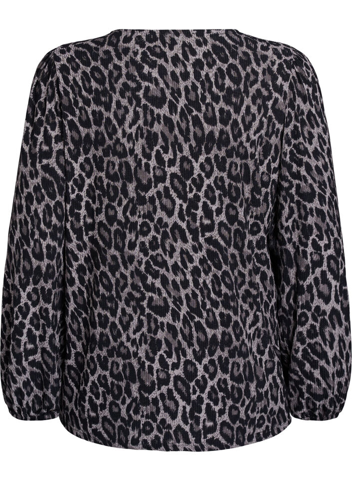 Blus med l&aring;nga &auml;rmar och leopardm&ouml;nster, Gr&aring;, Packshot image number 1