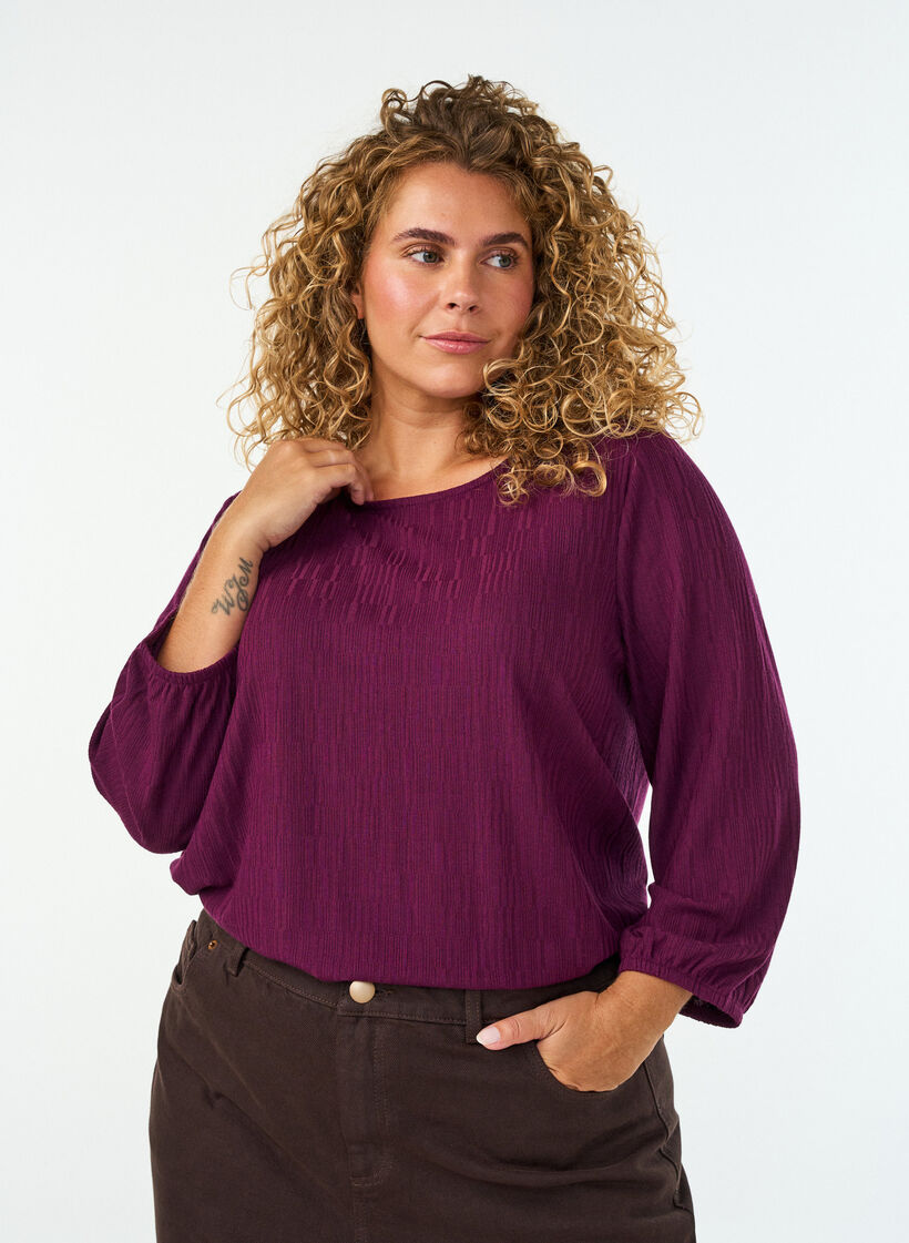 Blus med struktur och 3/4-&auml;rmar, Lila, Model image number 0