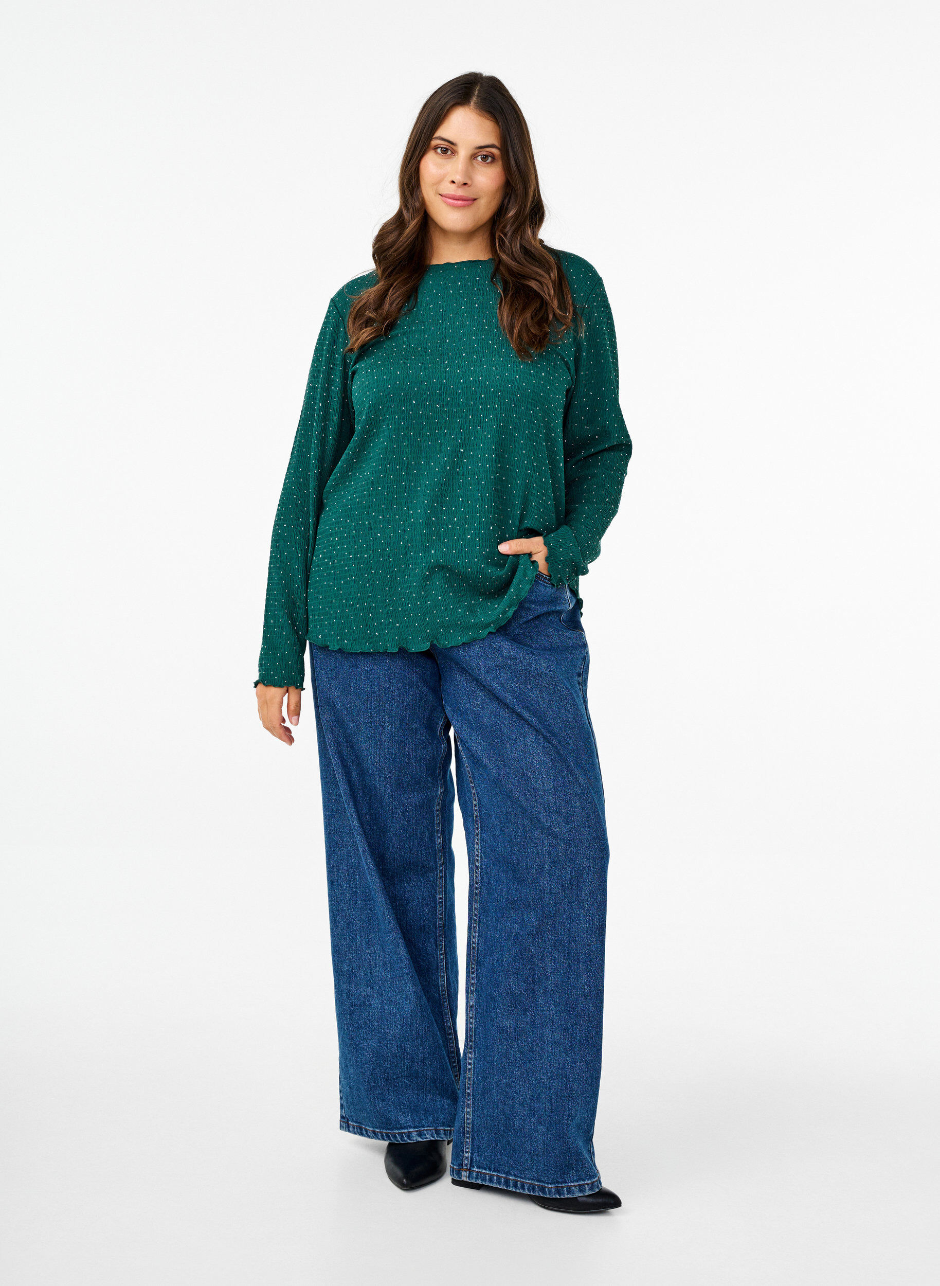 Zizzi L&aring;ng&auml;rmad blus med strass, Gr&ouml;n, Model image number 1