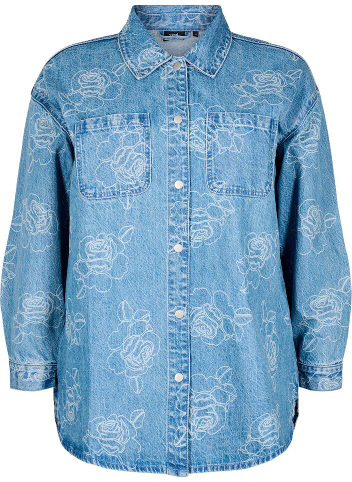 Jeansjacka med blommor, Light Blue Denim, Packshot image number 0