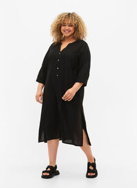Lång skjortklänning med 3/4-ärmar, Black, Model