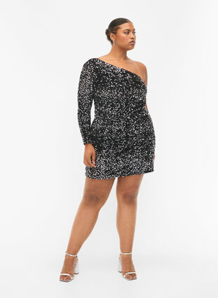 Kort one-shoulder klänning med paljetter, Black/Silver Sequins, Model image number 3