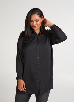 Tunika med knappar och feminina detaljer, Black, Model image number 0