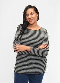 Rundhalsad blus med randigt mönster, Black Stripe, Model