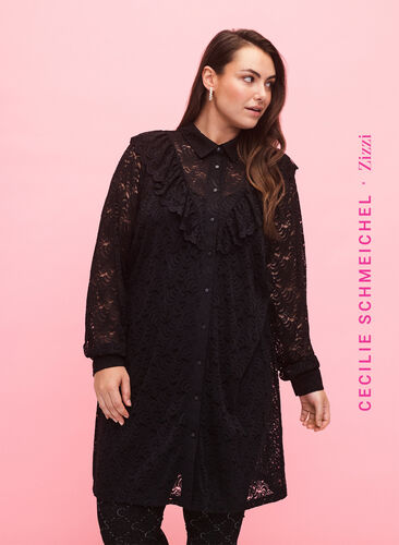 Skjortklänning med spets och volanger, Black, Model image number 0