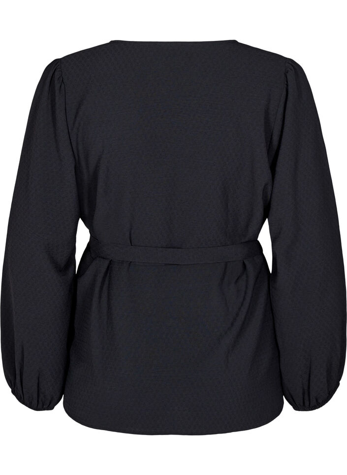 Långärmad omlottblus med knutning, Svart, Packshot image number 1