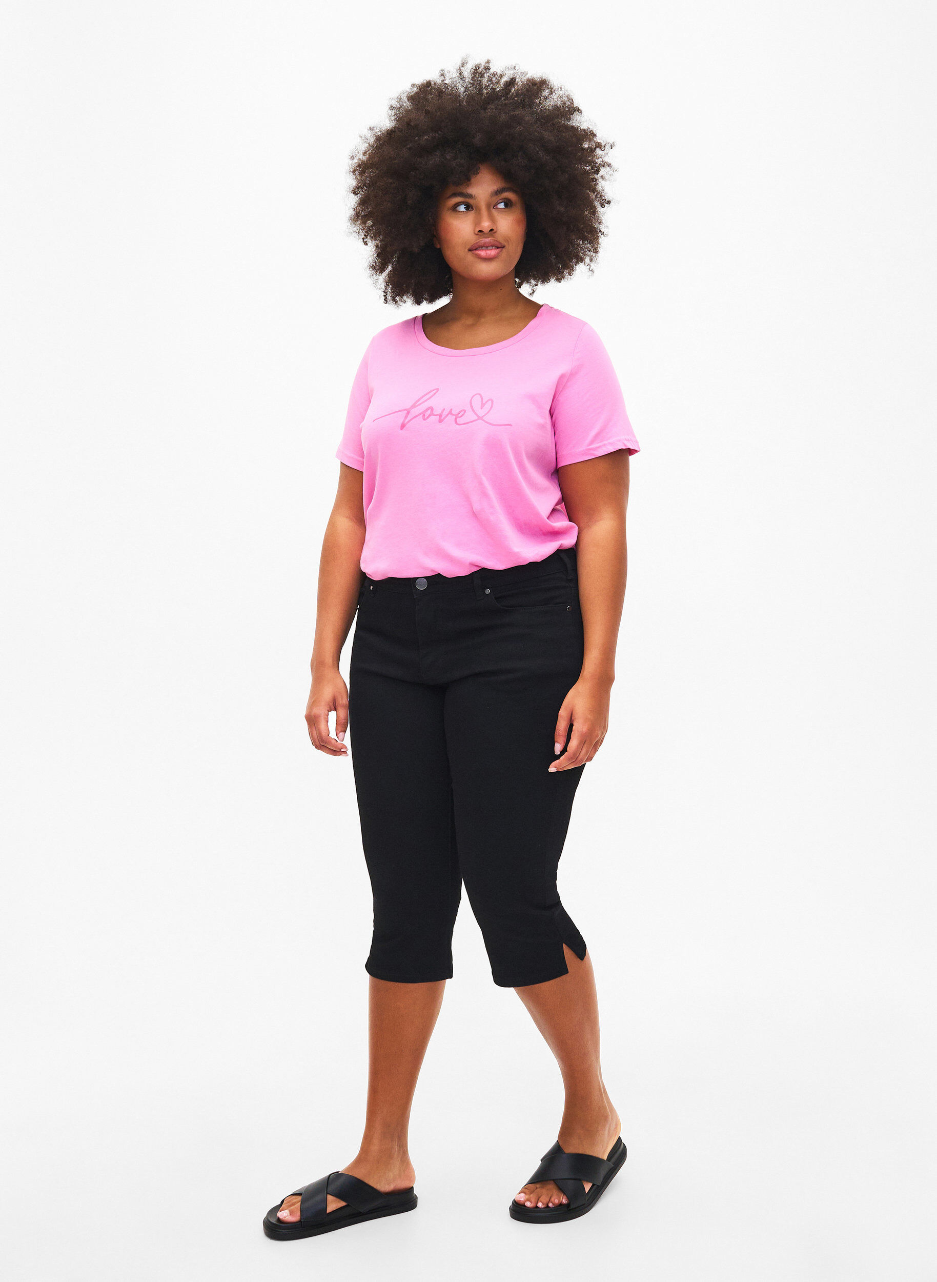 Zizzi T-shirt i bomull med rund halsringning och tryck, RoseBloom W. Love, Model image number 2