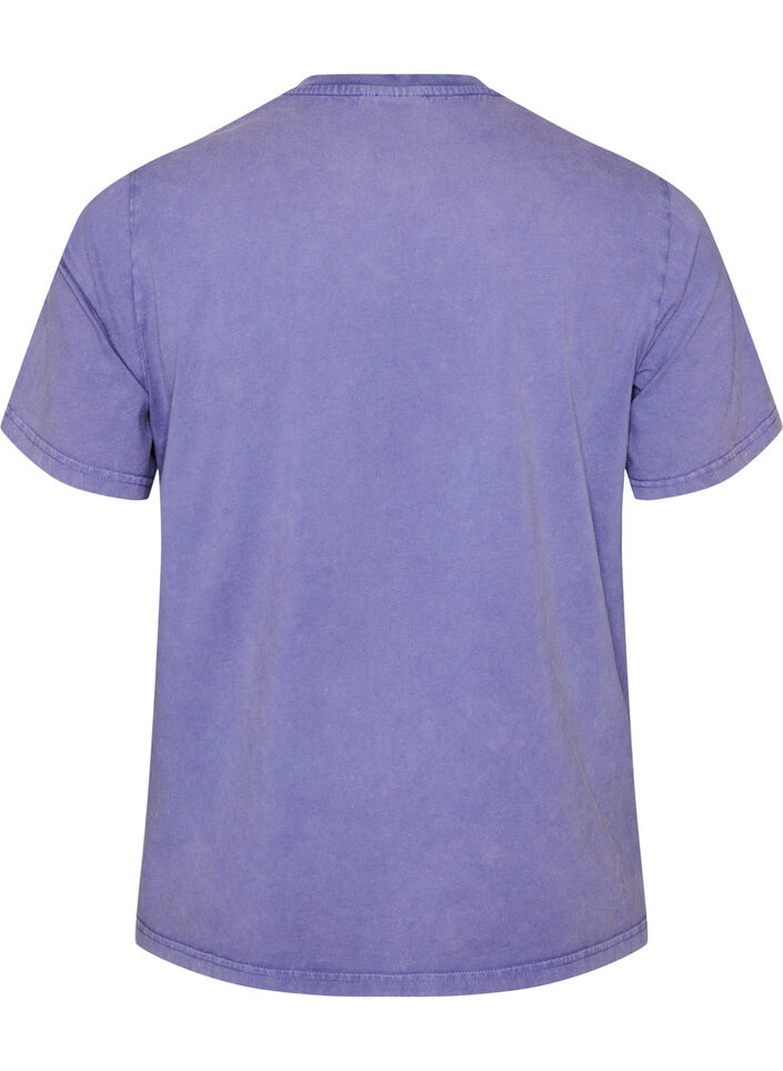 T-shirt i bomull med tryck framtill och en tv&auml;ttad look, Lila, Packshot image number 1