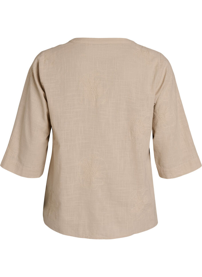 Blus i bomull med broderade detaljer och 3/4-&auml;rmar, Beige, Packshot image number 1