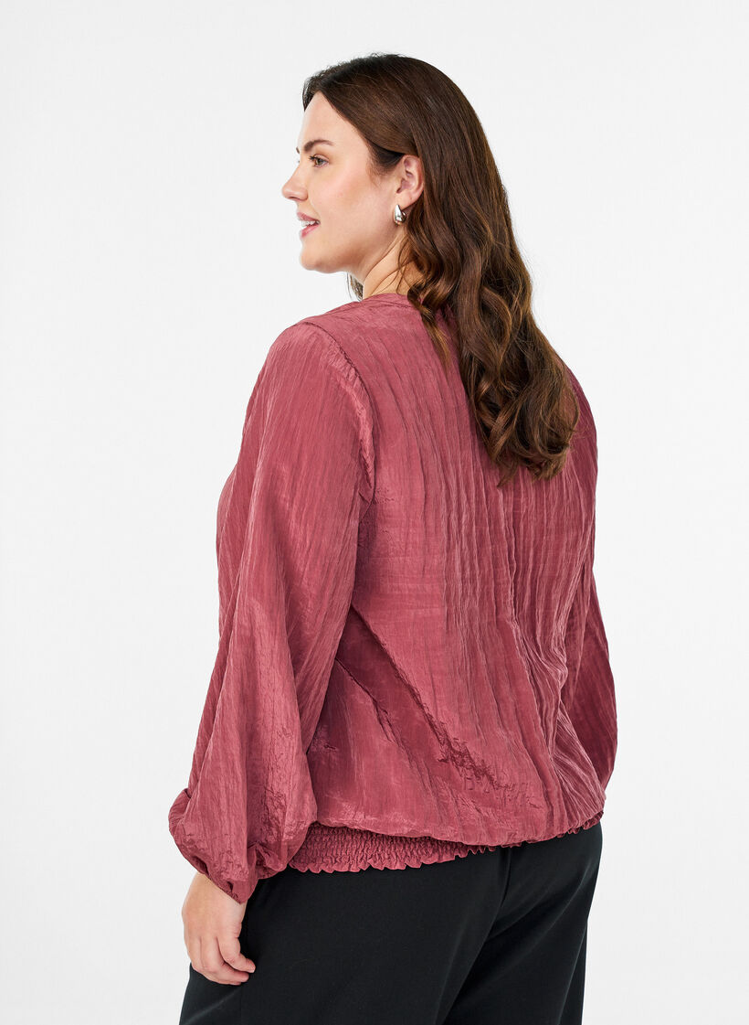 Blus med v-ringning och krinklad textur, Rosa, Model image number 2