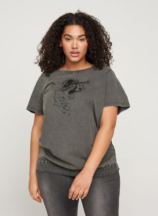T-shirt med acid wash och smock, Dark grey acid wash, Model image number 0