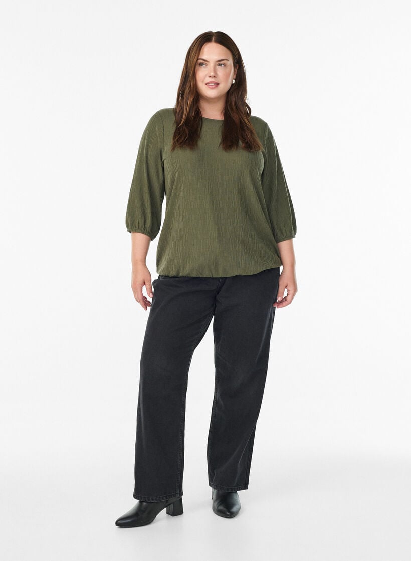 Blus med struktur och 3/4-&auml;rmar, Gr&ouml;n, Model image number 1
