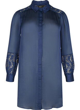 Lång skjorta med spetsdetaljer, Evening Blue, Packshot image number 0
