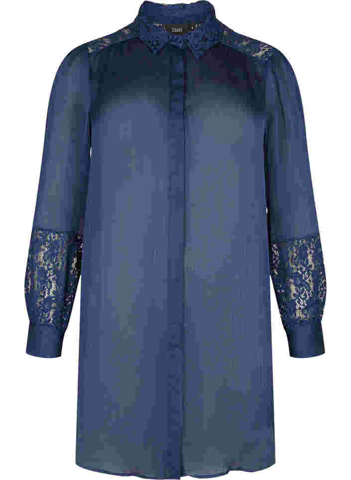 Lång skjorta med spetsdetaljer, Evening Blue, Packshot image number 0