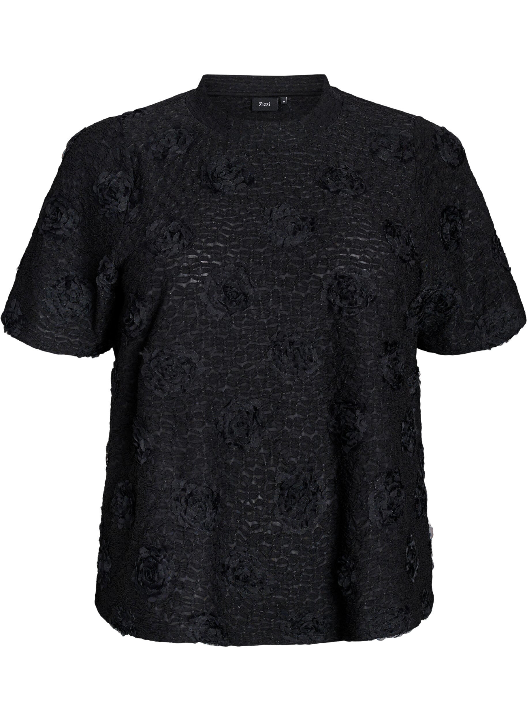 Zizzi Blus med 3D-blommor och korta &auml;rmar, Svart, Packshot image number 0