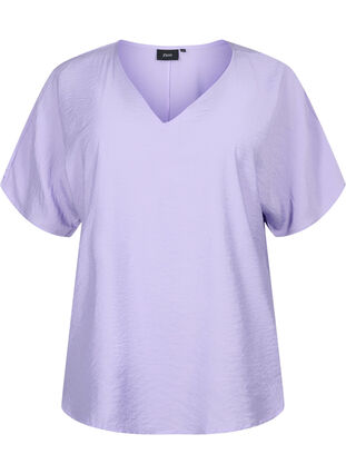 V-ringad blus i viskos med korta ärmar, Lavender, Packshot image number 0