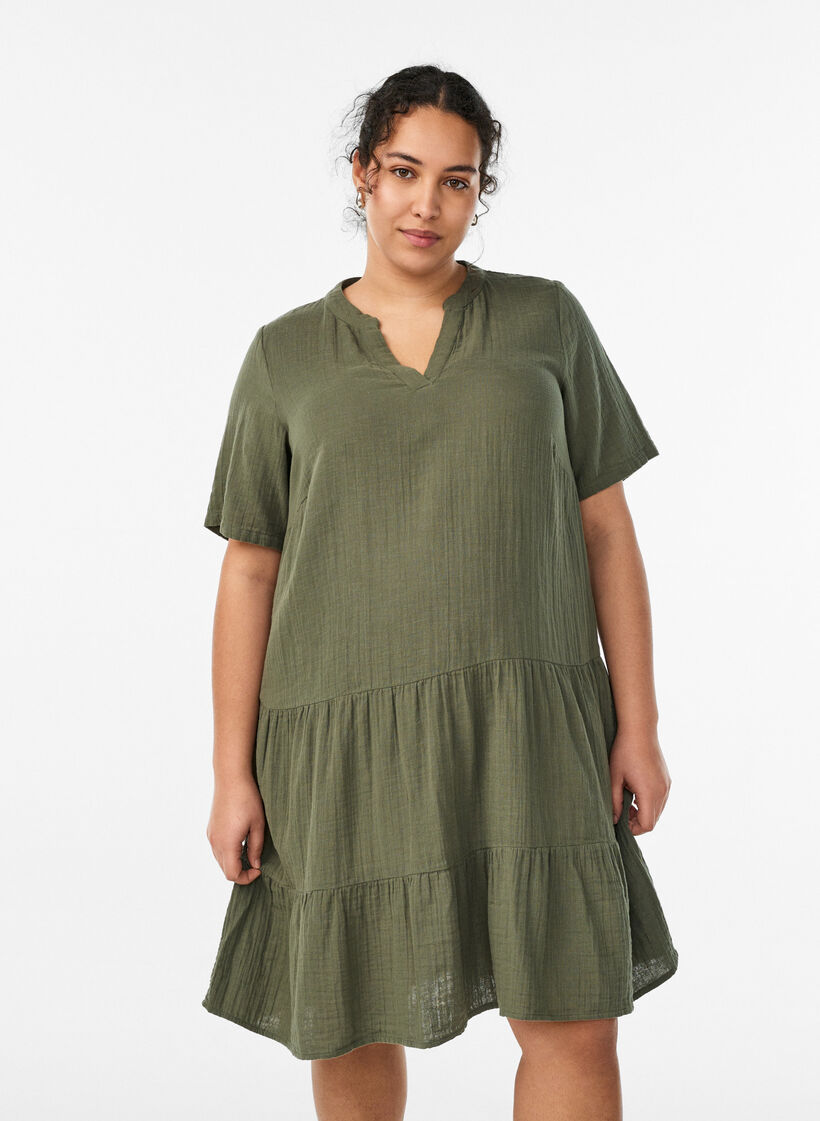 Kort a-linjeformad kl&auml;nning i bomullsmuslin, Gr&ouml;n, Model image number 0