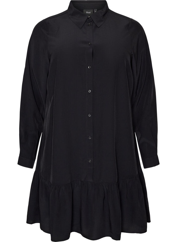Kort skjortkl&auml;nning med volang, Svart, Packshot image number 0