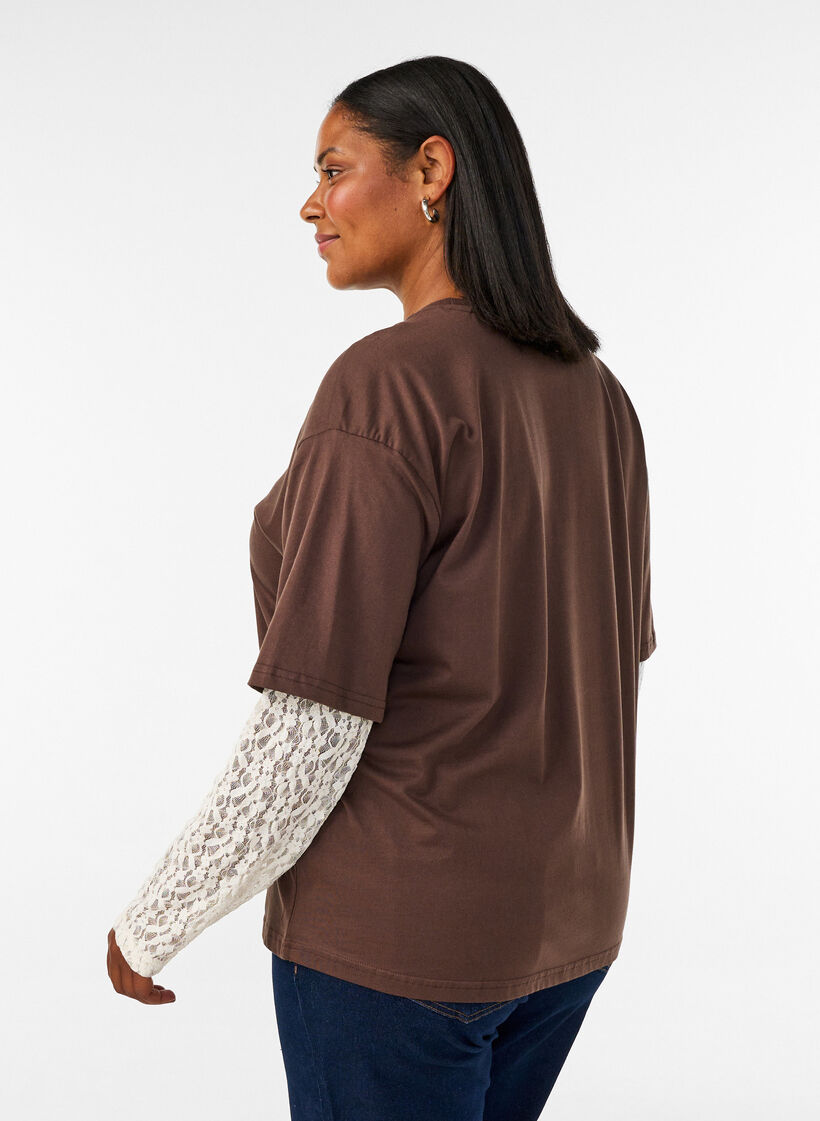 L&ouml;s t-shirt med l&aring;nga &auml;rmar i spets, Brun, Model image number 2