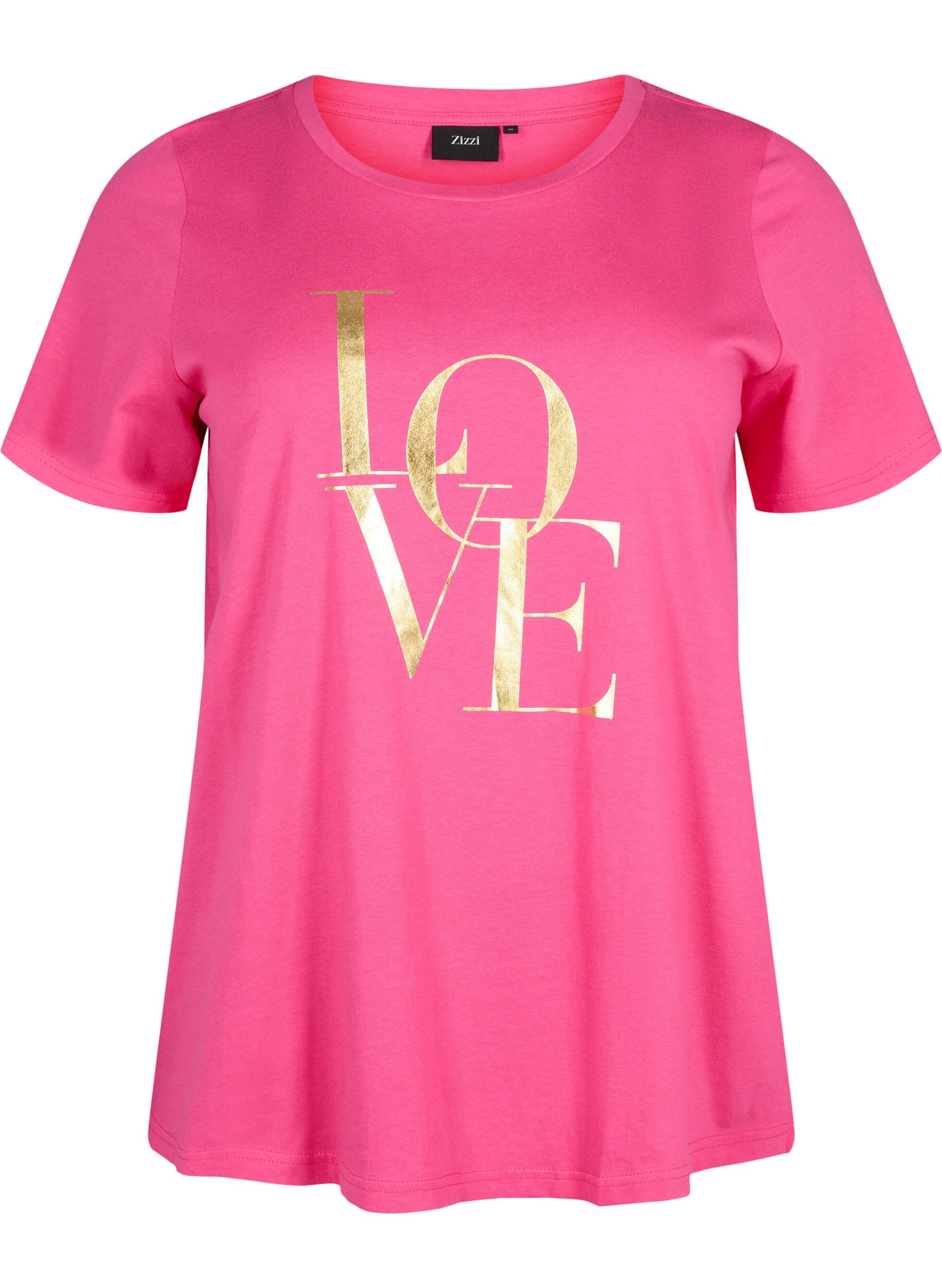 Zizzi T-shirt i bomull med guldf&auml;rgad text, R.Sorbet w.Gold Love, Packshot image number 0