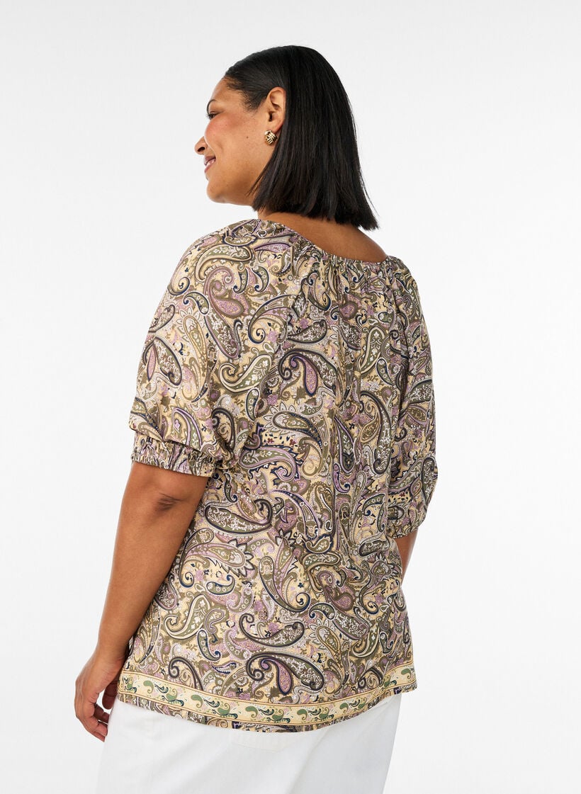 Blus i viskos med paisleym&ouml;nster och knytband, Gul, Model image number 2