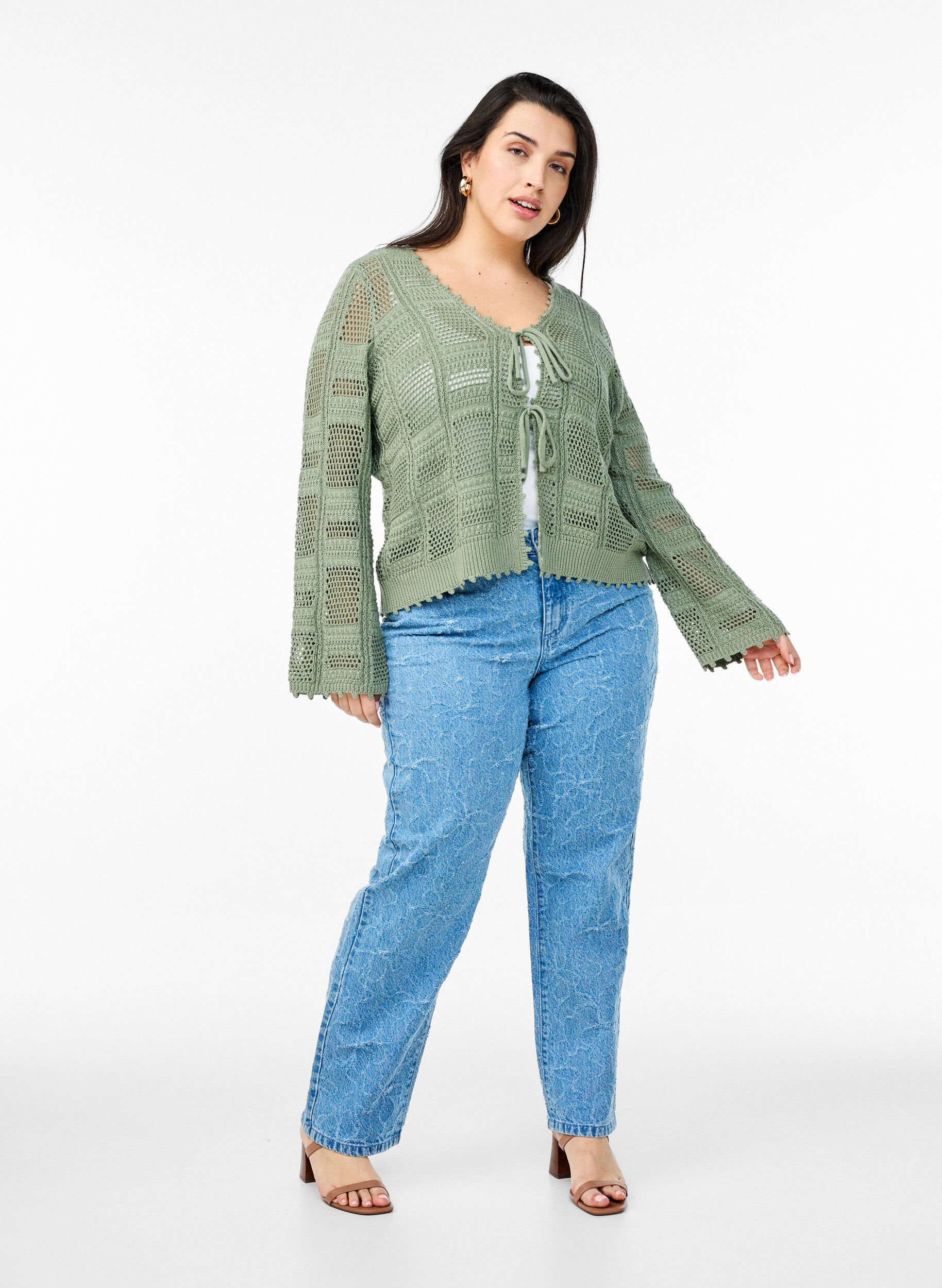 Zizzi Stickad kofta med knytband och h&aring;lm&ouml;nster, Gr&ouml;n, Model image number 1