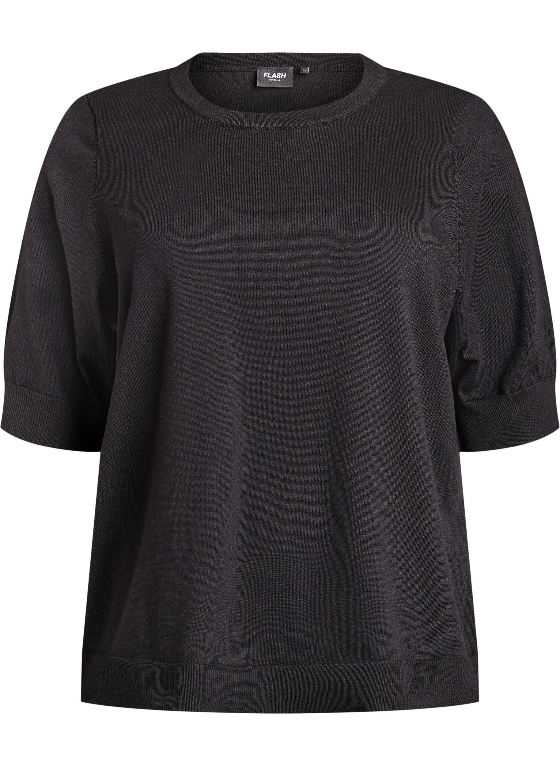 ZizziFinstickad blus med korta &auml;rmar, Svart, Packshot image number 0