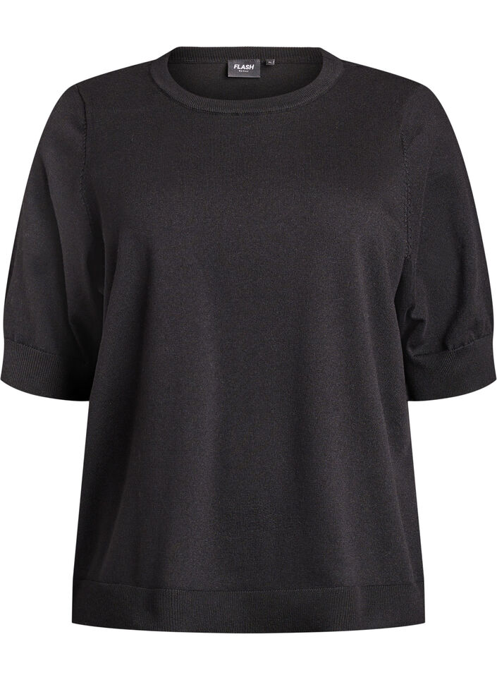 Finstickad blus med korta &auml;rmar, Svart, Packshot image number 0