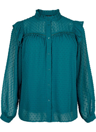 Skjortblus med volanger och prickig textur, Shaded Spruce, Packshot image number 0