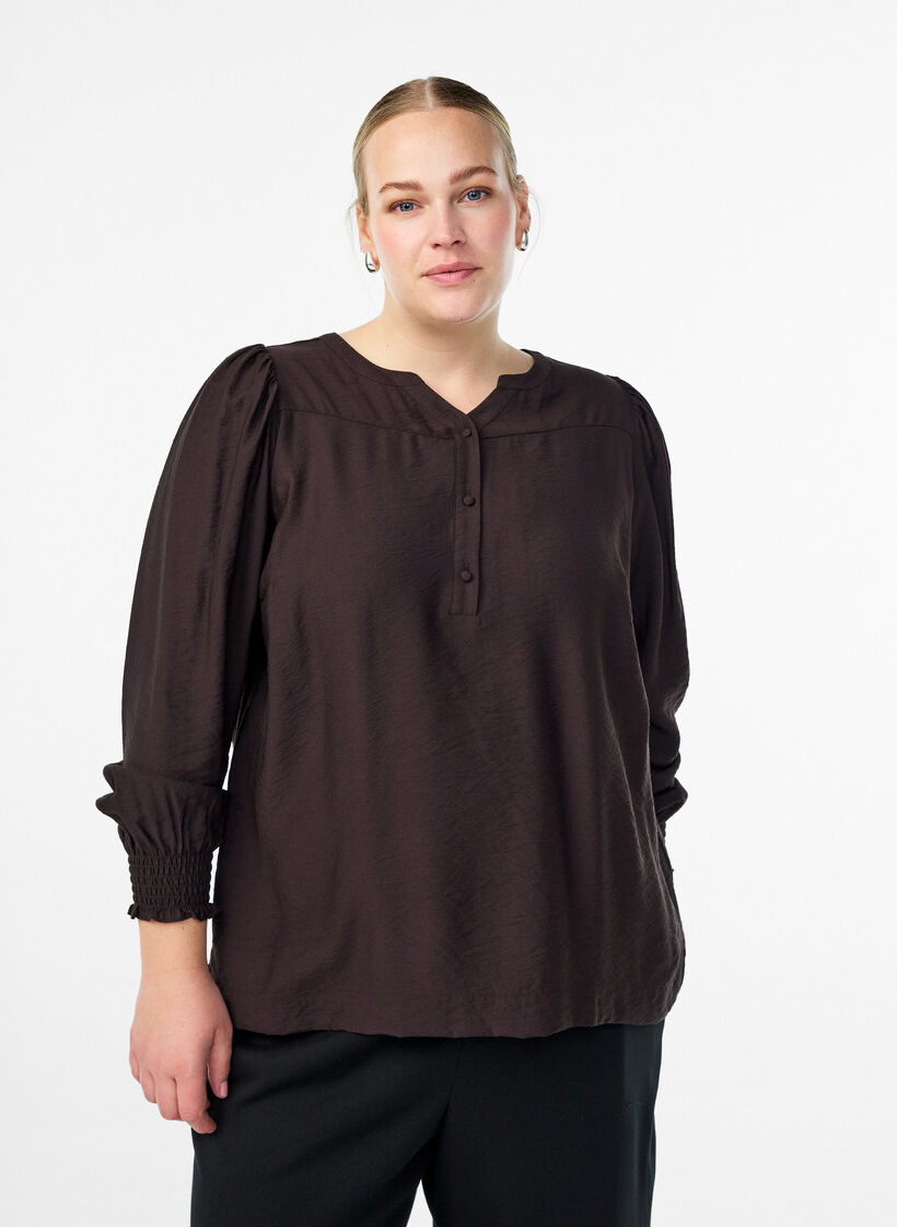 Viskosblus med smock och rynkade detaljer, Brun, Model image number 0