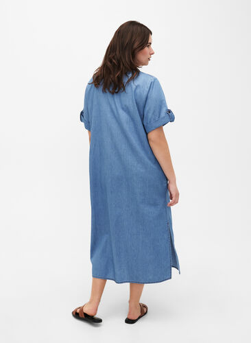 Denimklänning med slits och korta ärmar, Blue denim, Model image number 1
