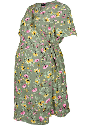 Gravidklänning i viskos och omlottmodell, Green Flower Print, Packshot image number 0