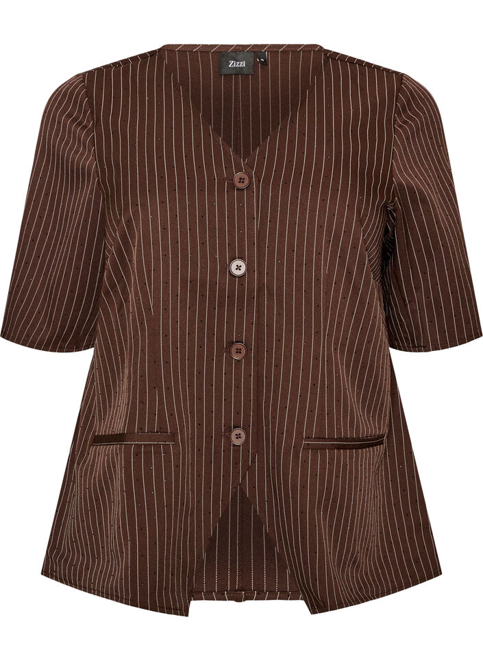 Kritstrecksrandig blus med strass och knappar, Brun, Packshot image number 0