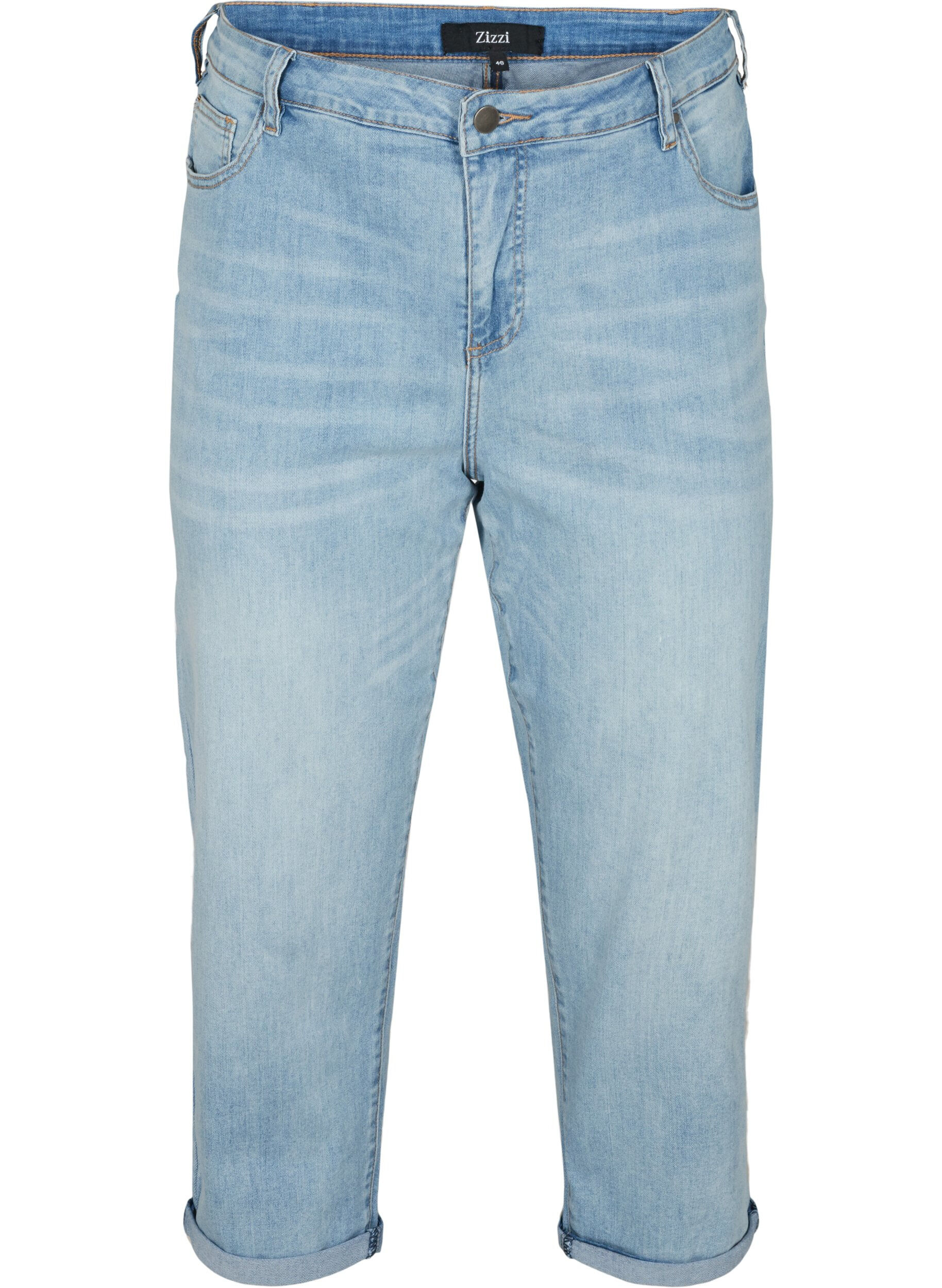 Croppade jeans med uppvikta ben och h&ouml;g midja