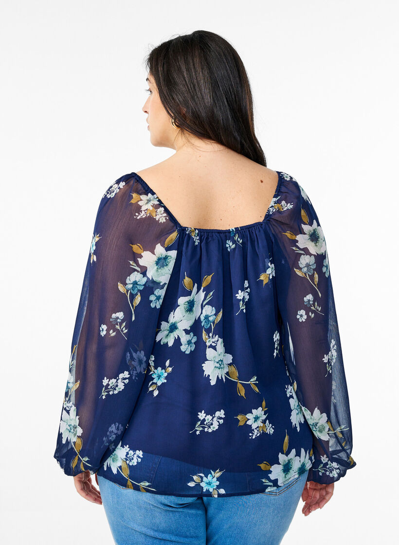 Chiffongblus med blommigt tryck och l&aring;nga &auml;rmar, Bl&aring;, Model image number 2
