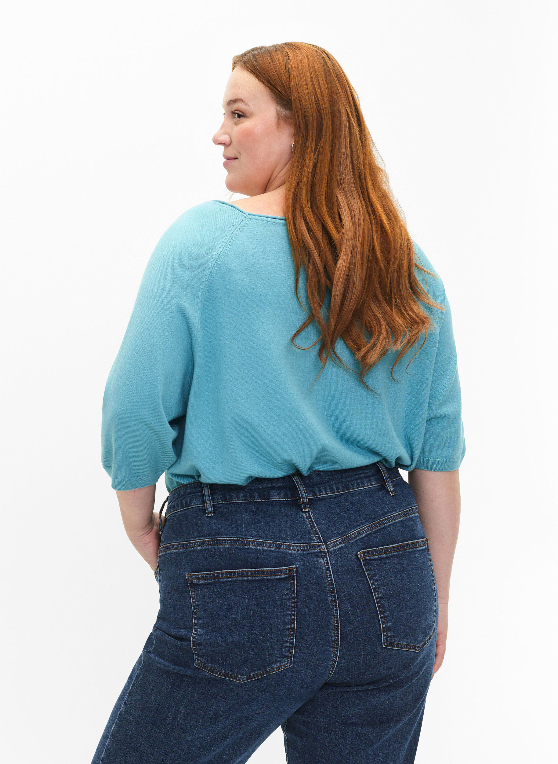 Zizzi Stickad blus i viskos med 3/4-&auml;rmar, Reef Waters, Model image number 1