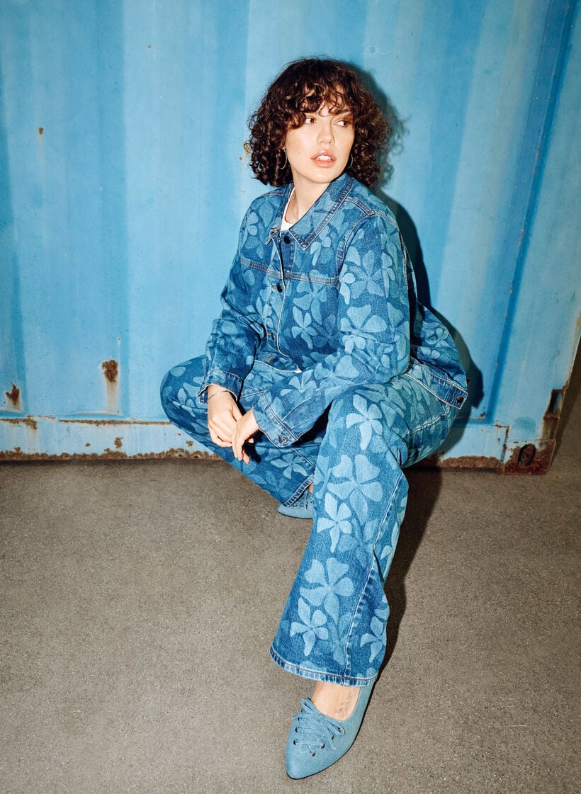 Jeansjacka med blommigt m&ouml;nster, Bl&aring;, Image image number 0