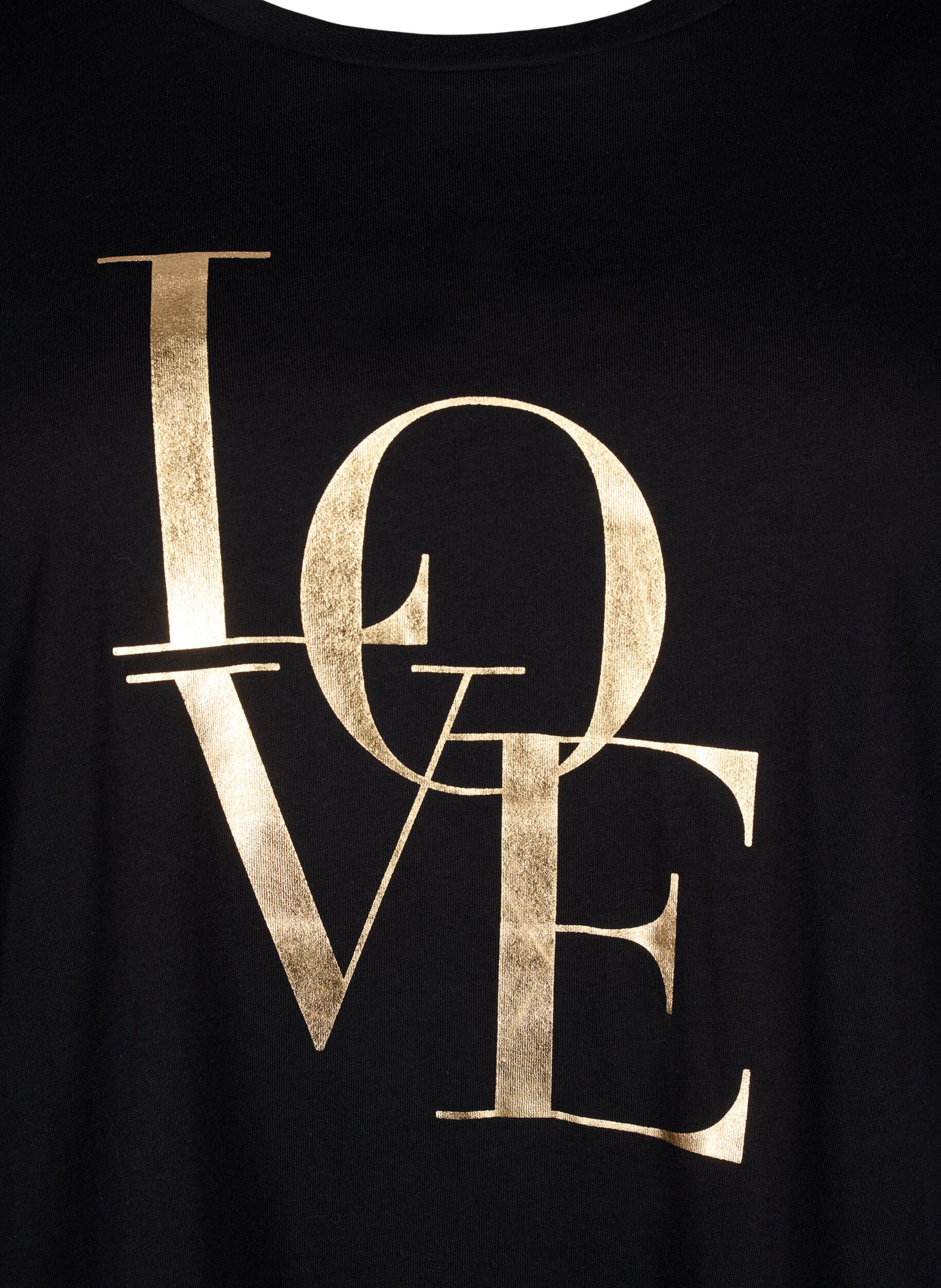 Zizzi T-shirt i bomull med guldf&auml;rgad text, Black w. Gold Love, Packshot image number 2