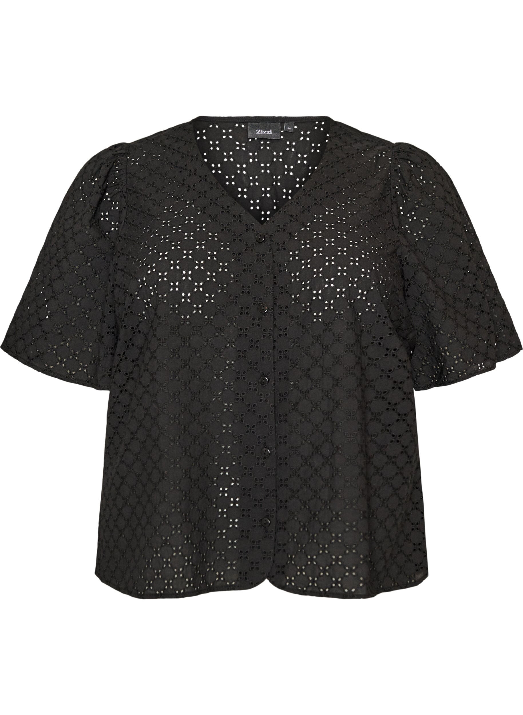 ZizziBlus i broderie anglaise med kn&auml;ppning, Svart, Packshot image number 0